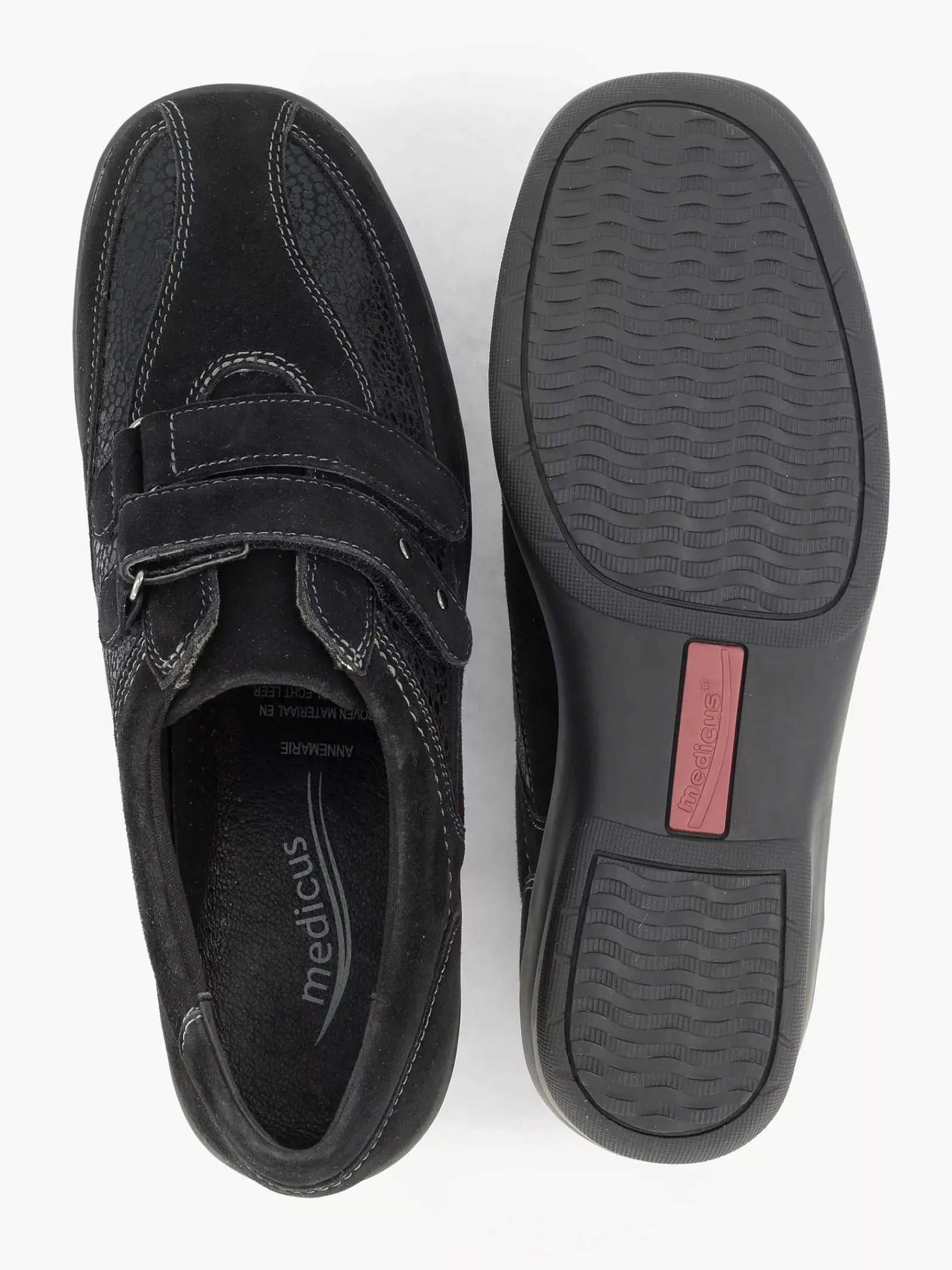 Medicus Comfort Schoenen-Zwarte Leren Comfort Instapper Klittenband